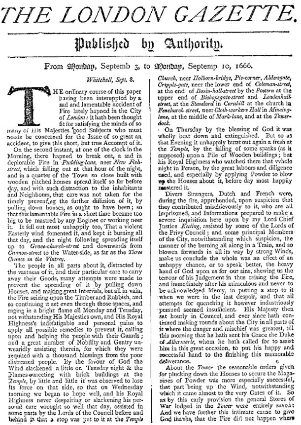 The London Gazette for 3–10 September, facsimile front page with an account of the Great Fire
